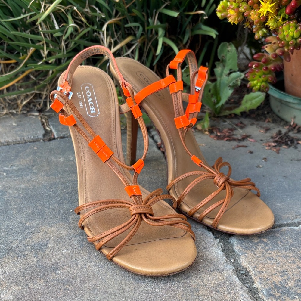 Coach Women's Lana Leather Tan and Orange Strappy Heels‎. Sz 7.5
